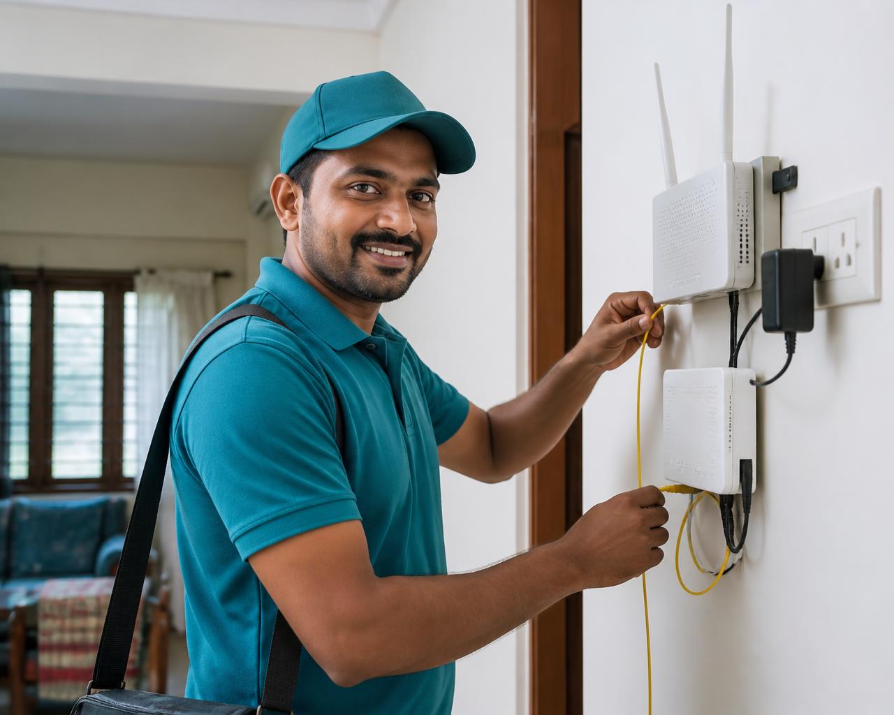 Gigaline engineer installing a fiber router at a customer home in Parbhani